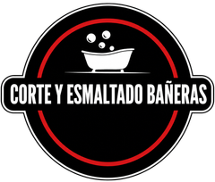 Logo negro y rojo de Corte y Esmaltado Báñeras con una bañera blanca y burbujas