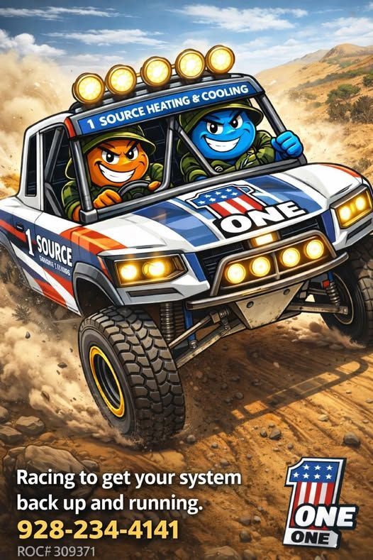 Off-road racing truck with two cartoon mascots, ONE logo, and text: “Racing to get your system back up and running.”