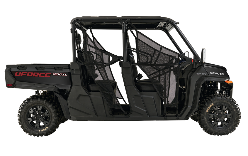 Black UFORCE 1000 XL utility side-by-side vehicle with a cargo bed and a four-passenger cab, viewed from the side.