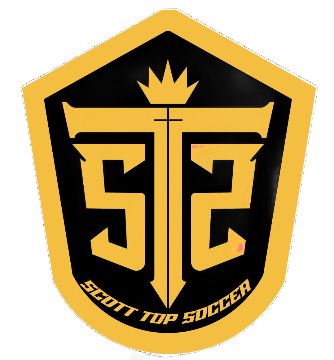 Yellow and black Scott Top Soccer logo with letters 