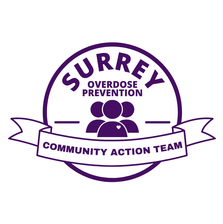 Purple Surrey Overdose Prevention Community Action Team logo with people icon and ribbon banner