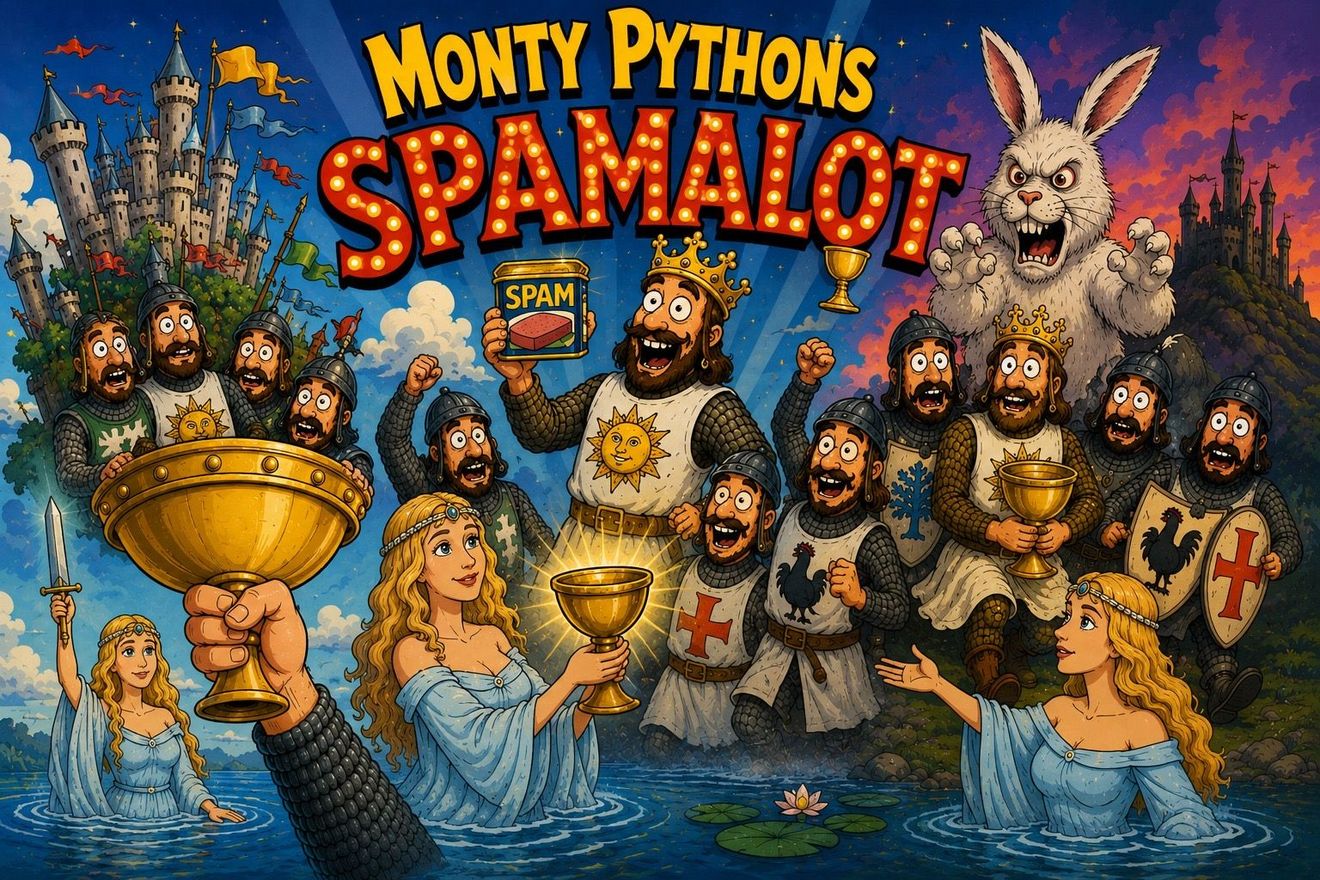 Monty Python's Spamalot poster with a golden chalice, knights, castle, and the White Rabbit over a colorful sea scene