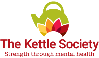 Logo for The Kettle Society with green kettle and colorful petal design, tagline 