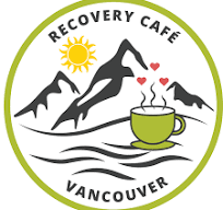 Recovery Café Vancouver logo with mountains, sun, green teacup, and steam in a circle