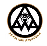 Circular black-and-white logo with an eye inside a triangle and the words “Addict with Aspirations” around it