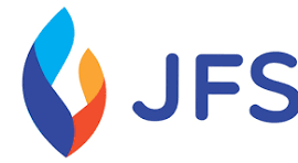 JFS logo with blue and orange flame icon and blue text on white background