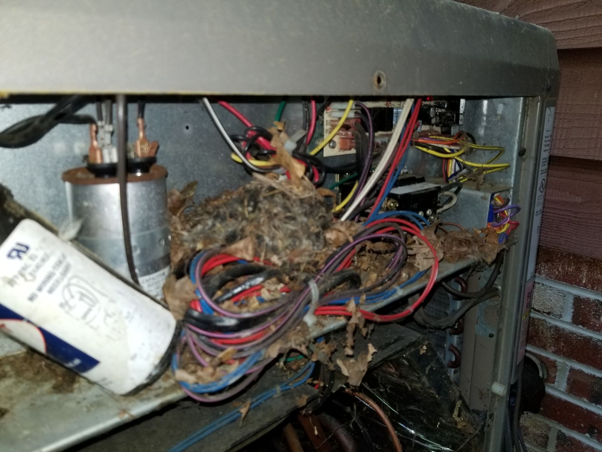 Cluttered electrical panel with tangled wires, dust, and exposed components inside a metal enclosure