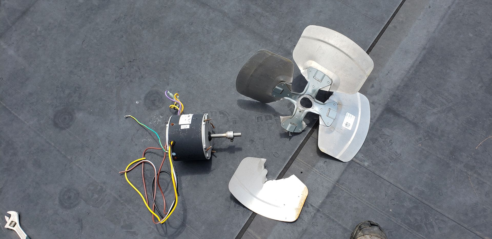 Disassembled fan parts on a dark floor, including motor, blades, guard, and control knob with wires.