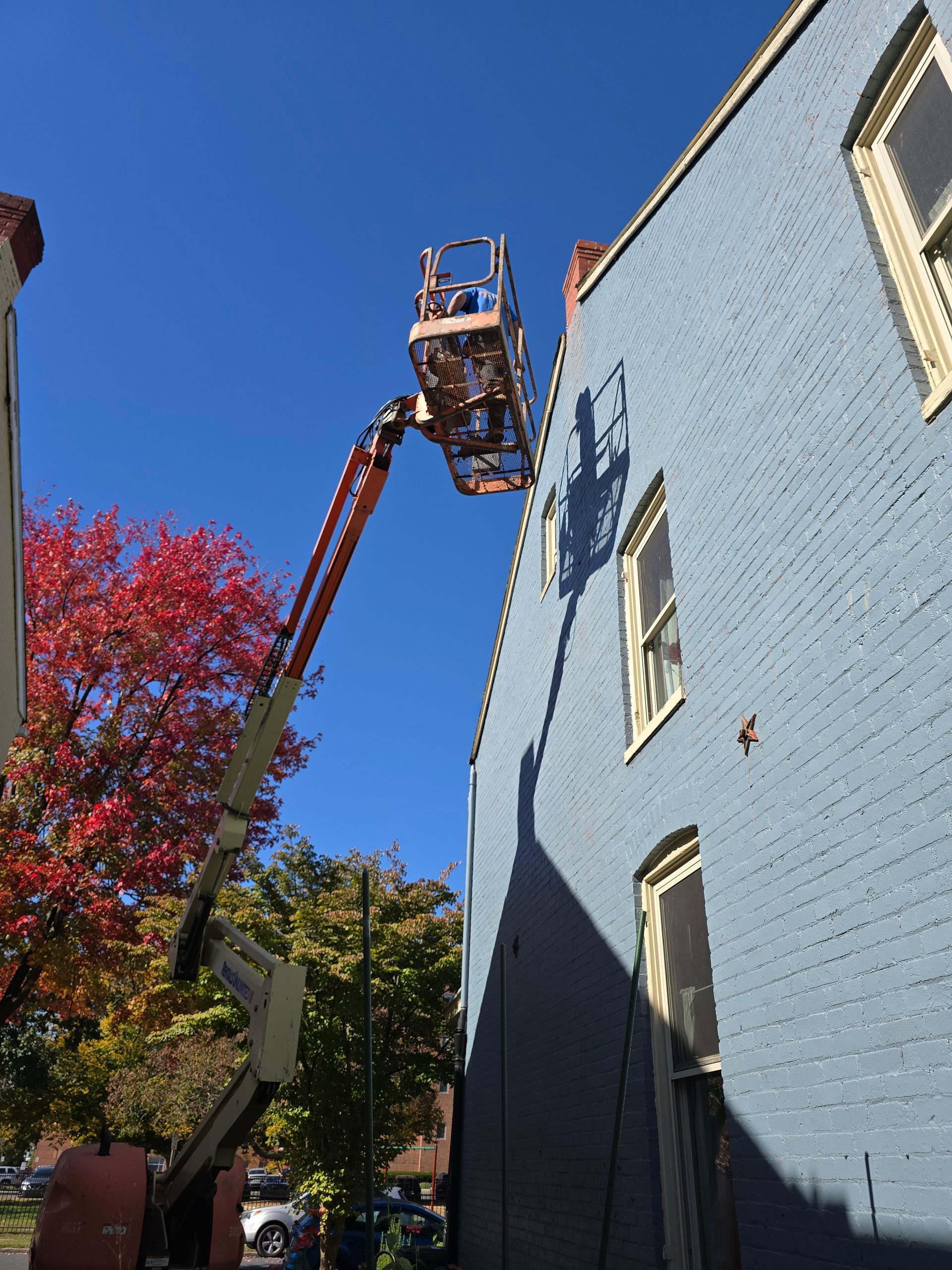Worker in a lift basket trimming a tall tree beside a blue building on a sunny day