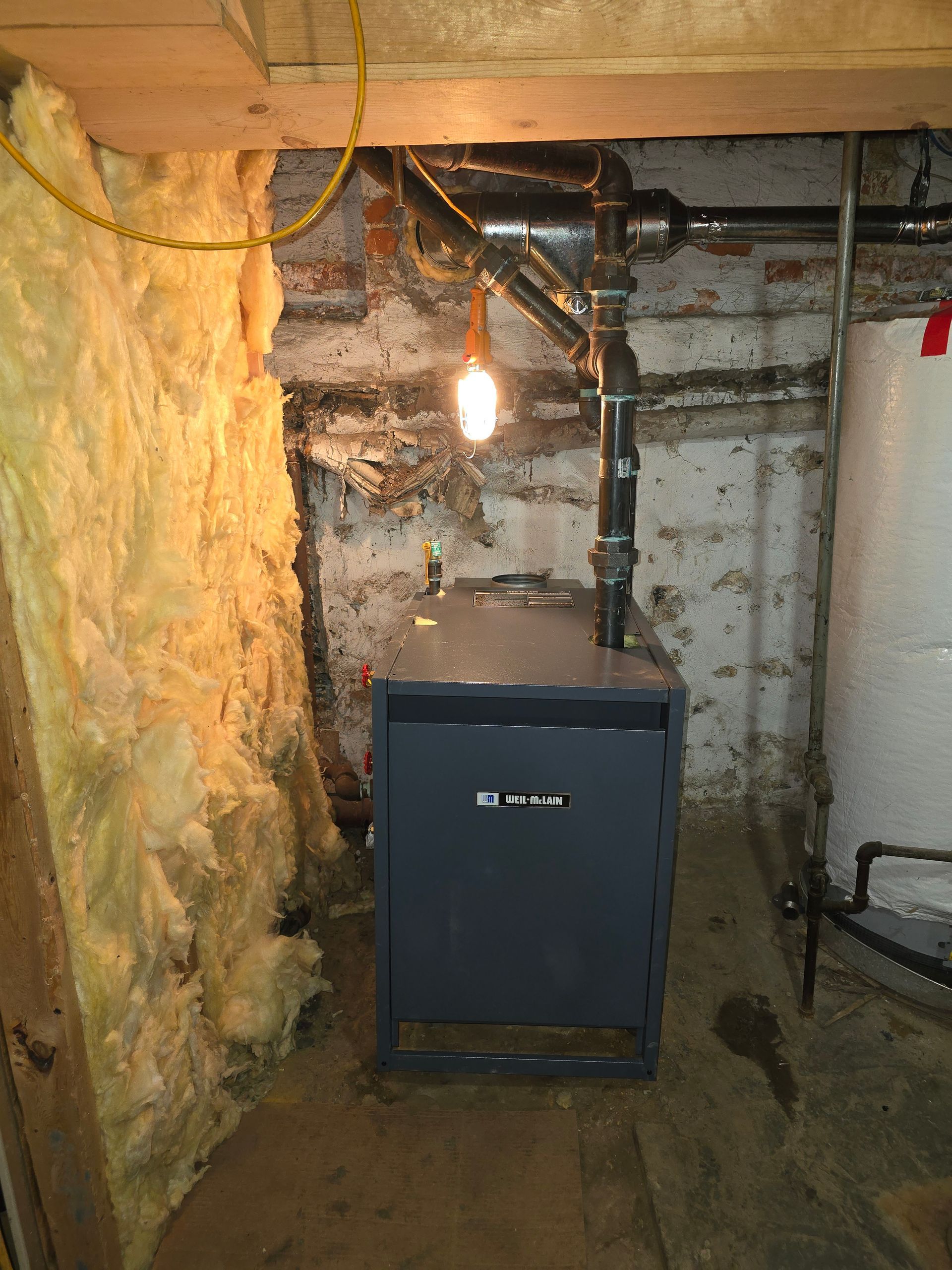 Basement utility room with a furnace, exposed insulation, and a hanging light bulb.