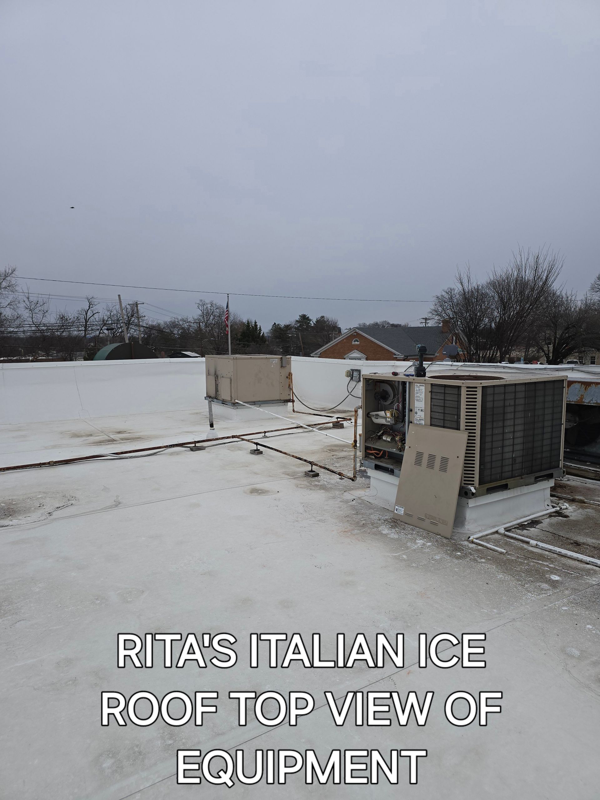 Snow-covered rooftop with HVAC units and distant trees under a gray sky