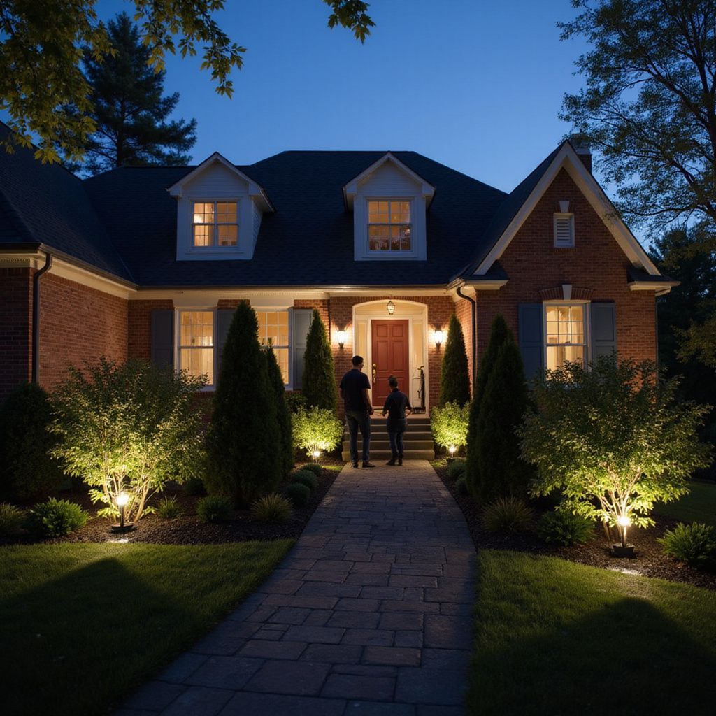Brick house at dusk with lit windows, landscaped front yard, and two people at the front door.