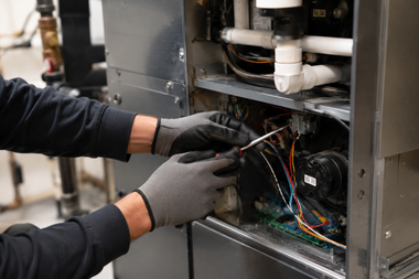 Gloved technician wiring an open HVAC unit with tools in a metal cabinet