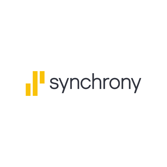Synchrony logo with yellow bars and gray text on a white background