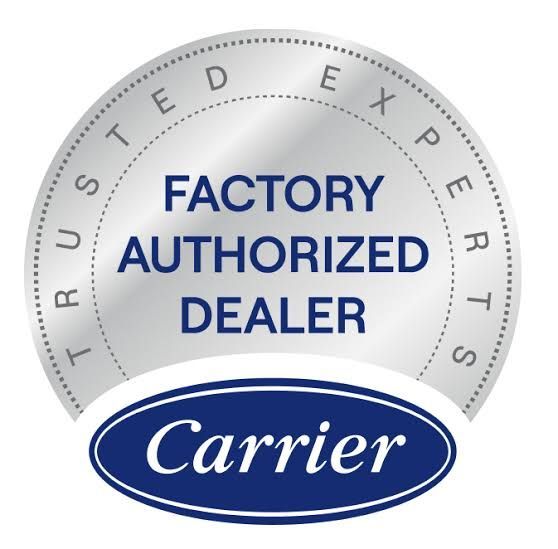Carrier factory authorized dealer badge with blue and silver circular seal and logo