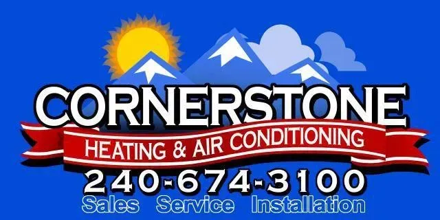 Cornerstone Heating & Air Conditioning logo with mountains, sun, and phone number 240-674-3100