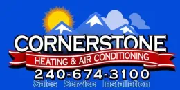 Cornerstone Heating & Air Conditioning logo with mountains, sun, and phone number 240-674-3100