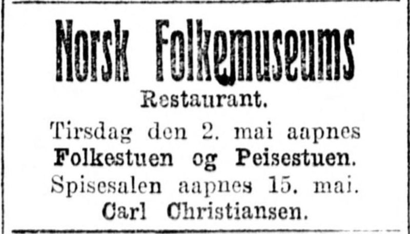 En annonse for Norsk Folkemuseums Restaurant som annonserer åpningen av rommene sine 2. og 15. mai.