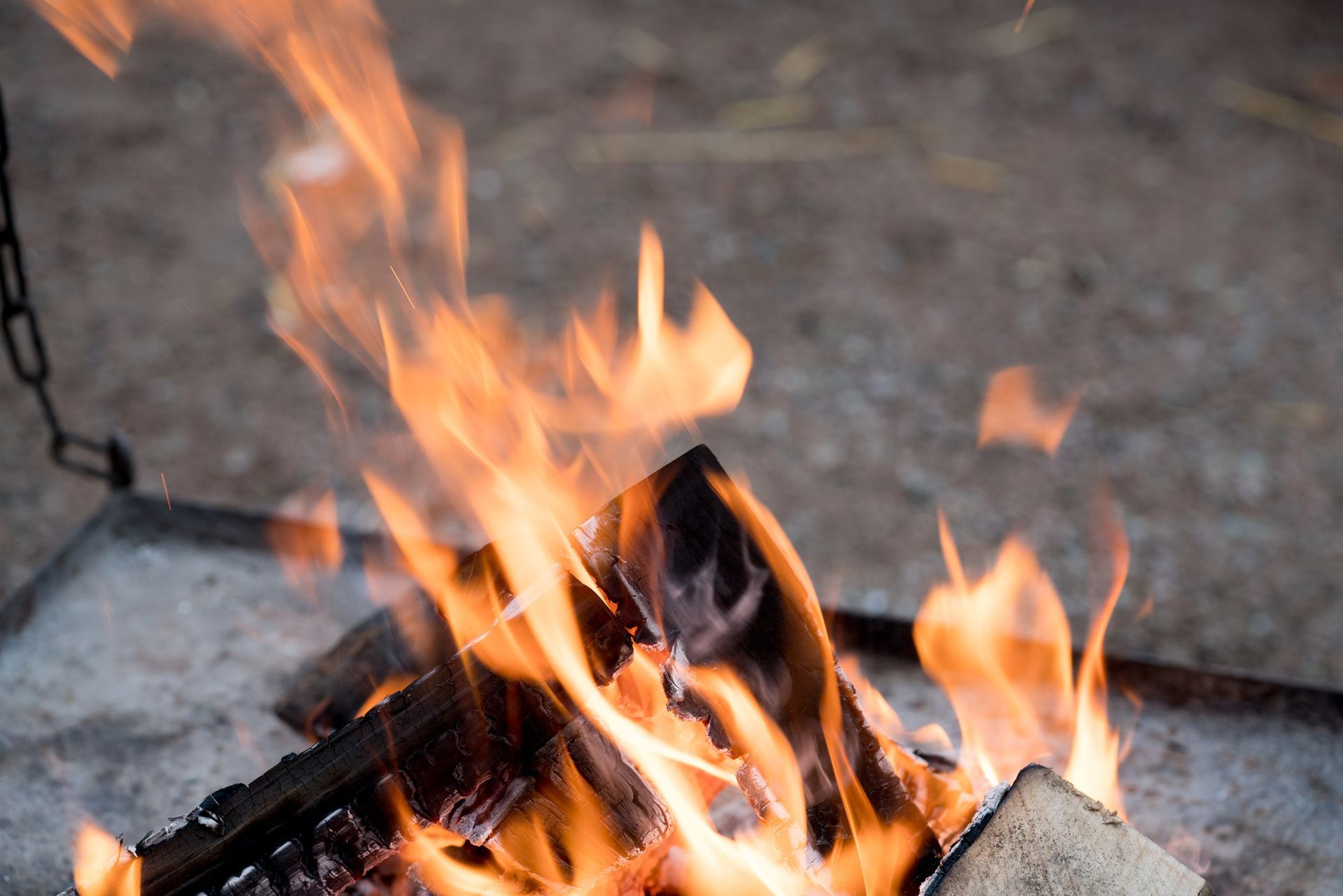 Ild som brenner vedkubber. Oransje og gule flammer.