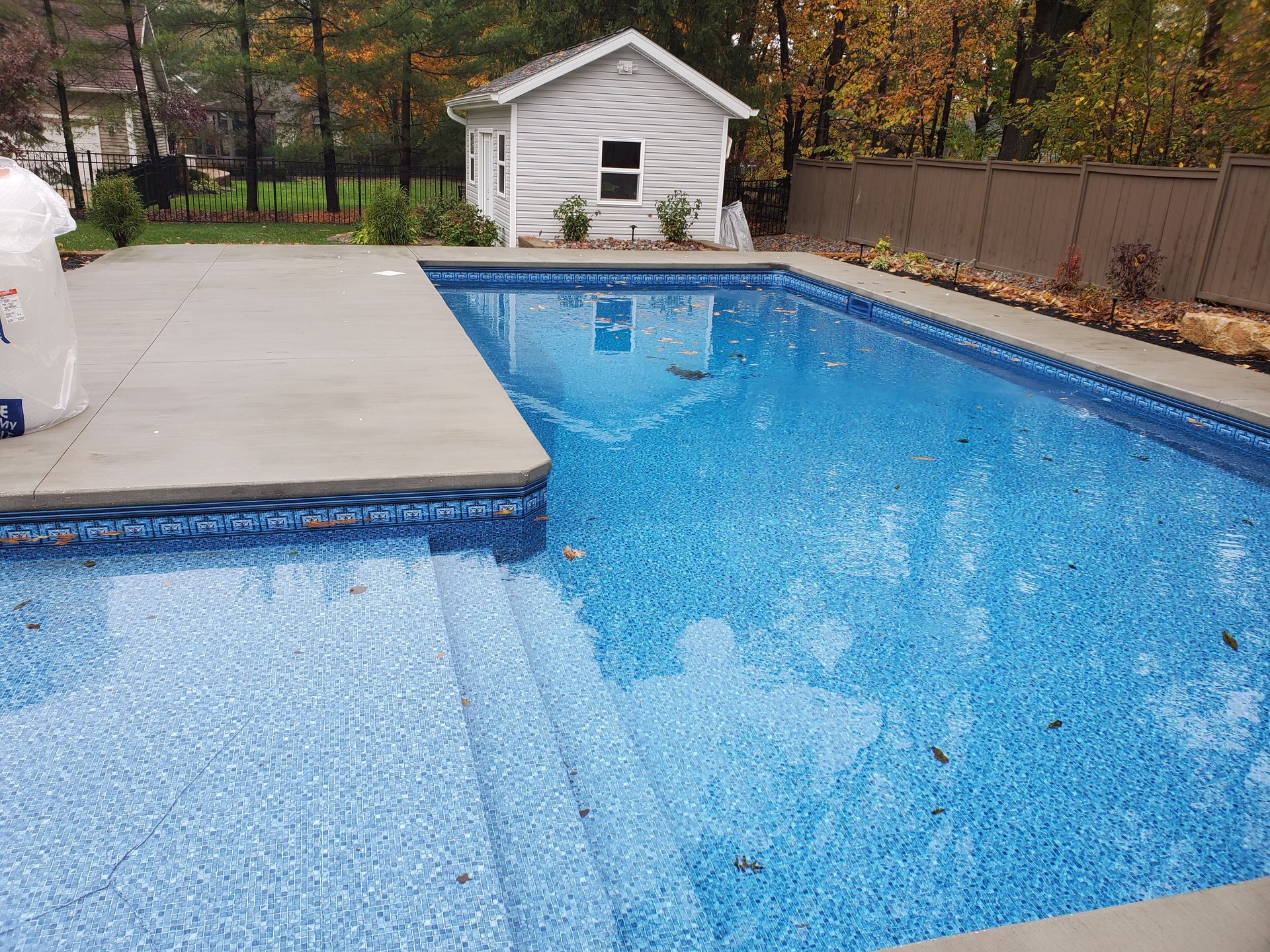 A backyard pool with a concrete deck, built-in steps, and a small white shed in the background.