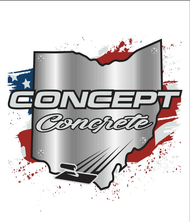 Logo for Concept Concrete featuring an Ohio-shaped metal plate, a trowel, and an American flag background.