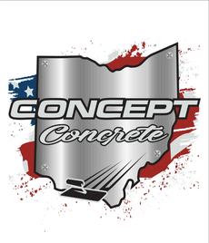 Logo for Concept Concrete featuring an Ohio-shaped metal plate, a trowel, and an American flag background.