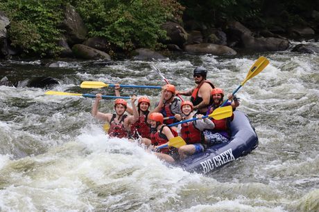 Group whitewater rafting in a blue raft on a rough river, paddles raised amid splashing rapids.