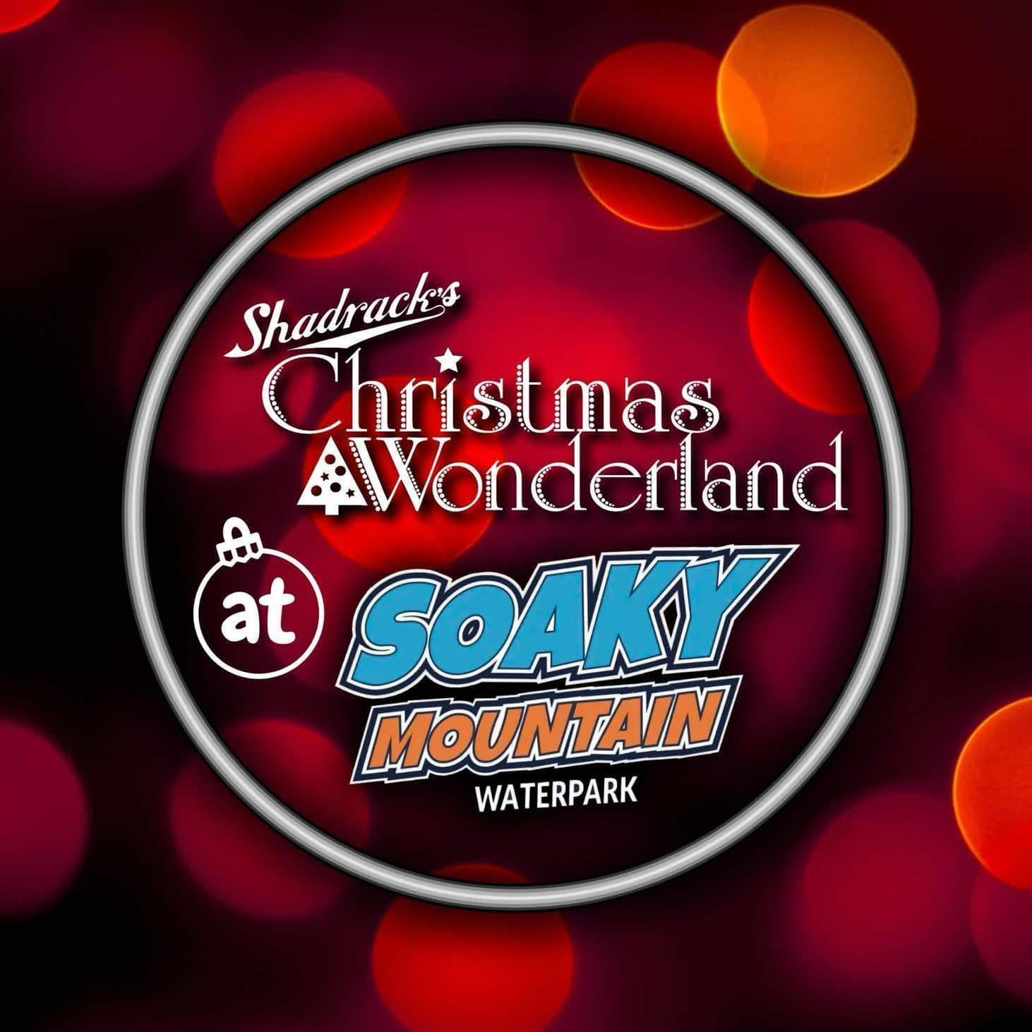 Logo for Shadrack's Christmas Wonderland at Soaky Mountain Waterpark against a blurred red bokeh background.