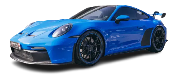 Une porsche 911 gt3 rs bleue est représentée sur fond blanc.