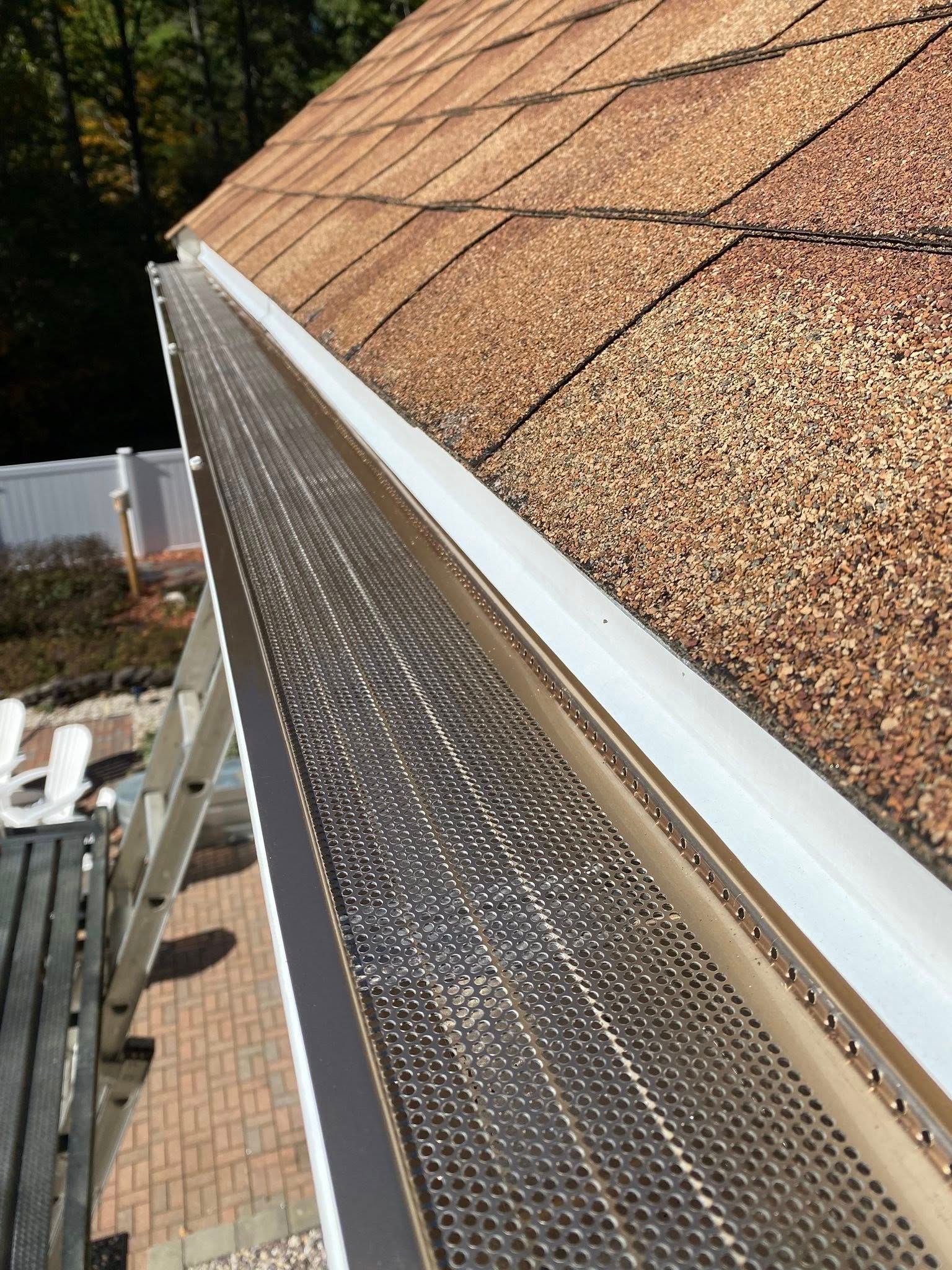 Gutter guard installed along the edge of a roof. Metal screen in gutter.