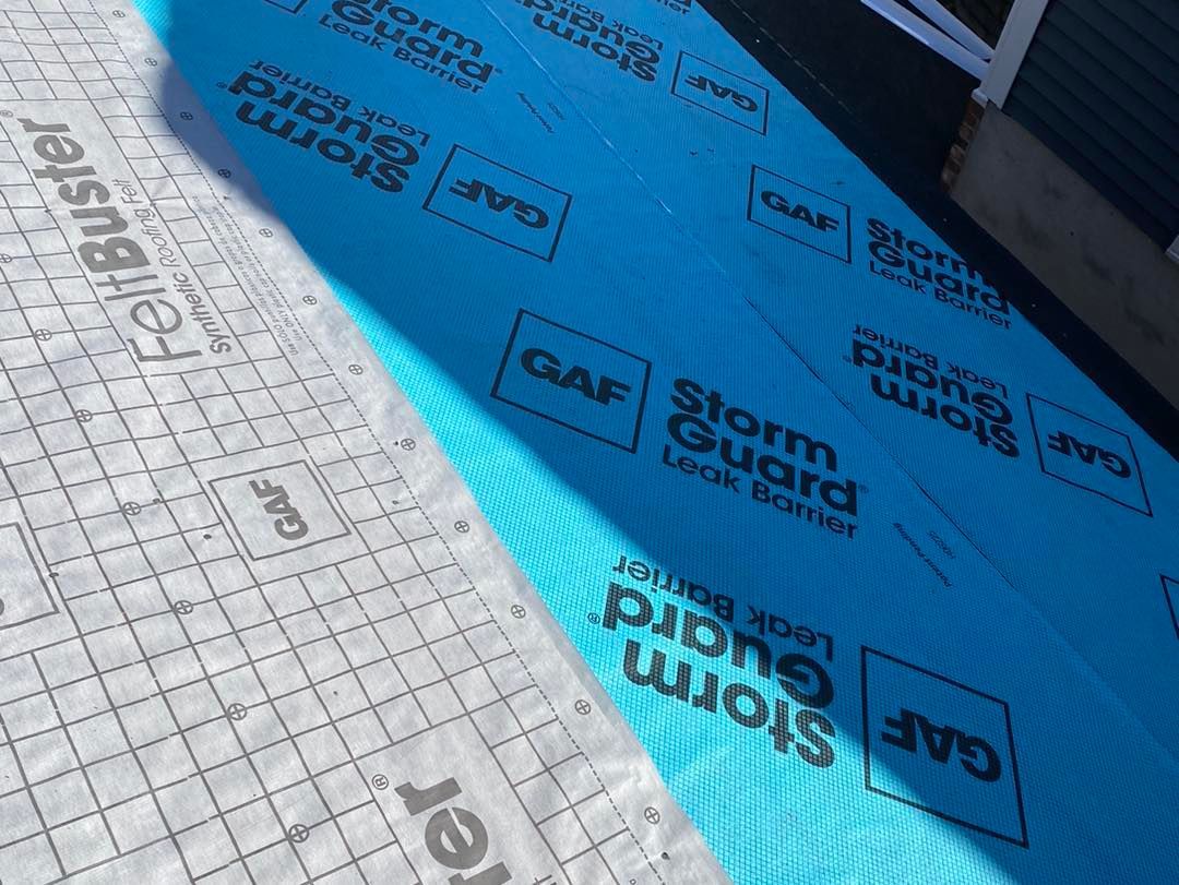 Blue roofing underlayment labeled 
