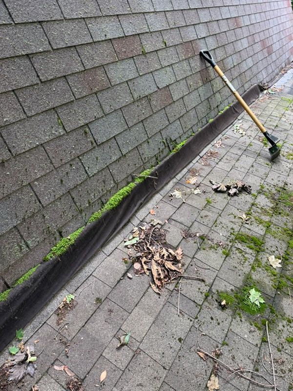 Gutter and shingled roof beside a brick wall, with a rake and scattered leaves on the pavement.
