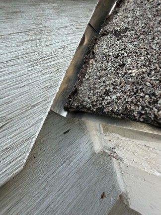 Gutter along a dark shingle roof with ladder visible.