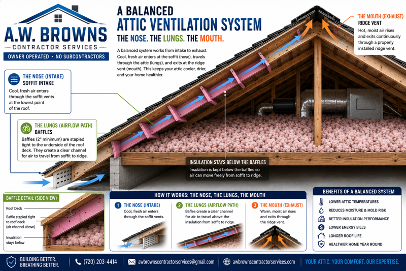 Infographic of A.W. Brown’s attic ventilation system showing roof vents, airflow, and insulation layers.
