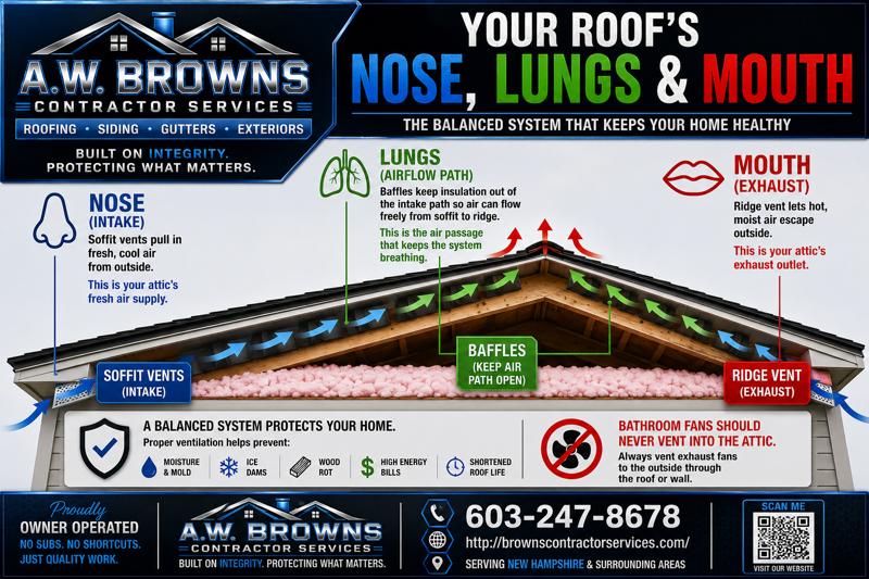 A.W. Browns roofing ad with “Your roof’s nose, lungs & mouth” over a house roof diagram