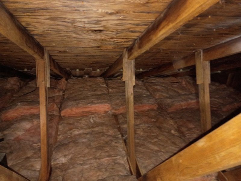 Inside a wooden attic crawlspace with exposed rafters, insulation, and support beams.