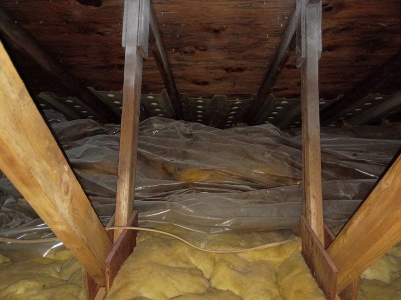 Insulated attic crawlspace with wooden beams and exposed roof framing