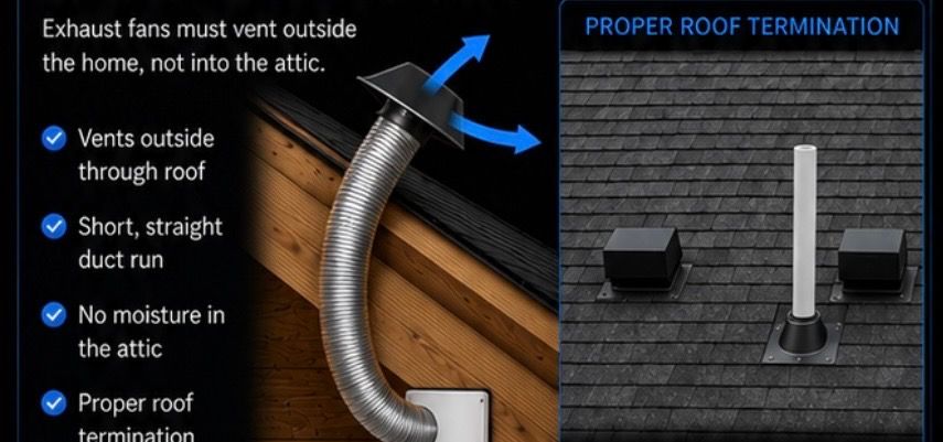 Diagram showing proper roof vent termination with exhaust vents through roof and no moisture in attic