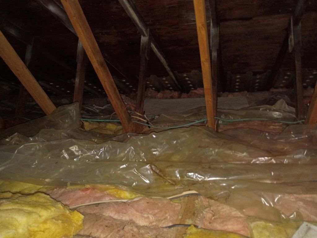 Exposed attic insulation and wooden rafters with plastic sheeting underneath.