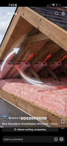 Close-up of wooden attic rafters with white arrow overlays and pink insulation
