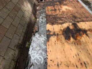 Damaged sidewalk beside a brick wall, with plywood covering part of the path.