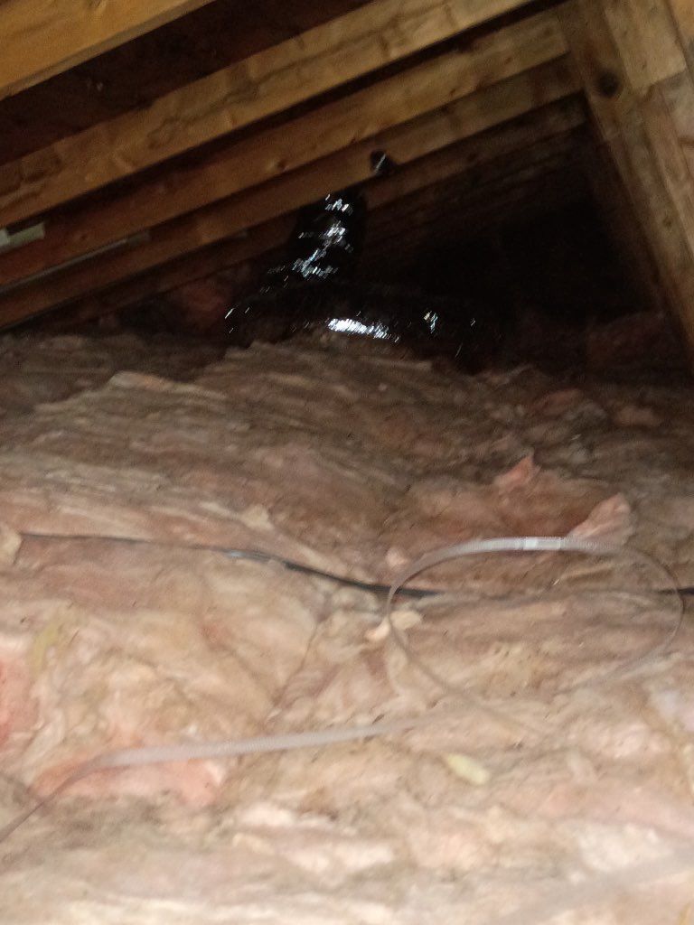 Insulated attic crawl space with wooden beams and a dark opening at the far end