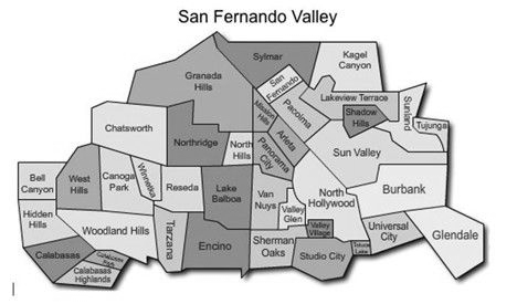 Map of the San Fernando Valley, with labeled neighborhoods in shades of gray.