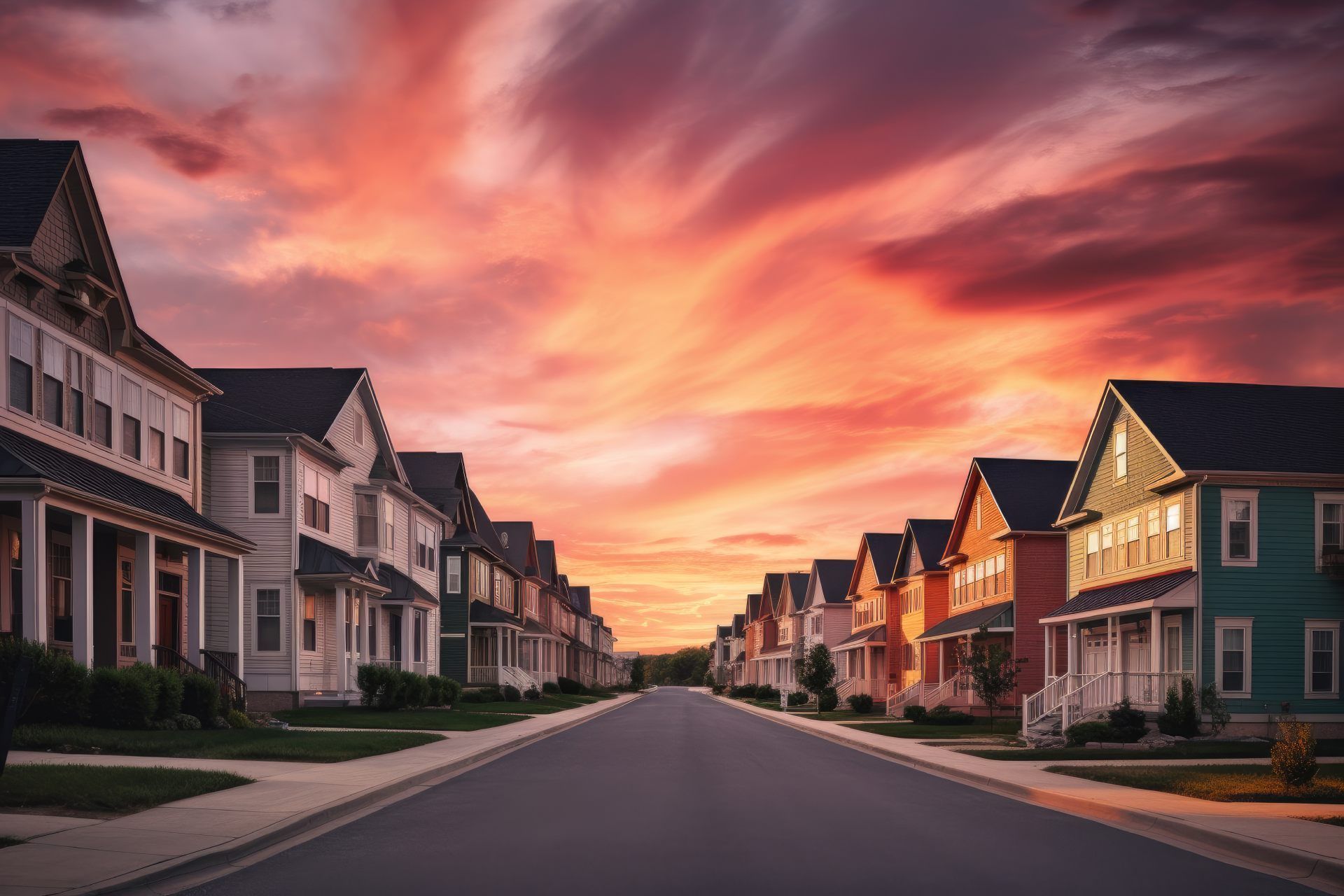 Street of houses at sunset with an orange and pink sky.