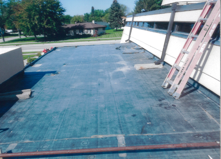 Flat commercial roof with dark covering, ladder, and building visible in outdoor setting.