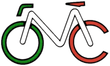 Un disegno di una bicicletta con una ruota verde e una ruota rossa.