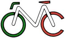 Un disegno di una bicicletta con una ruota verde e una ruota rossa.