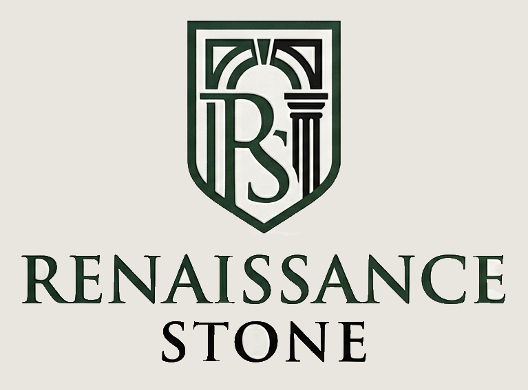 Green Renaissance Stone logo with stylized shield emblem and text on a light background
