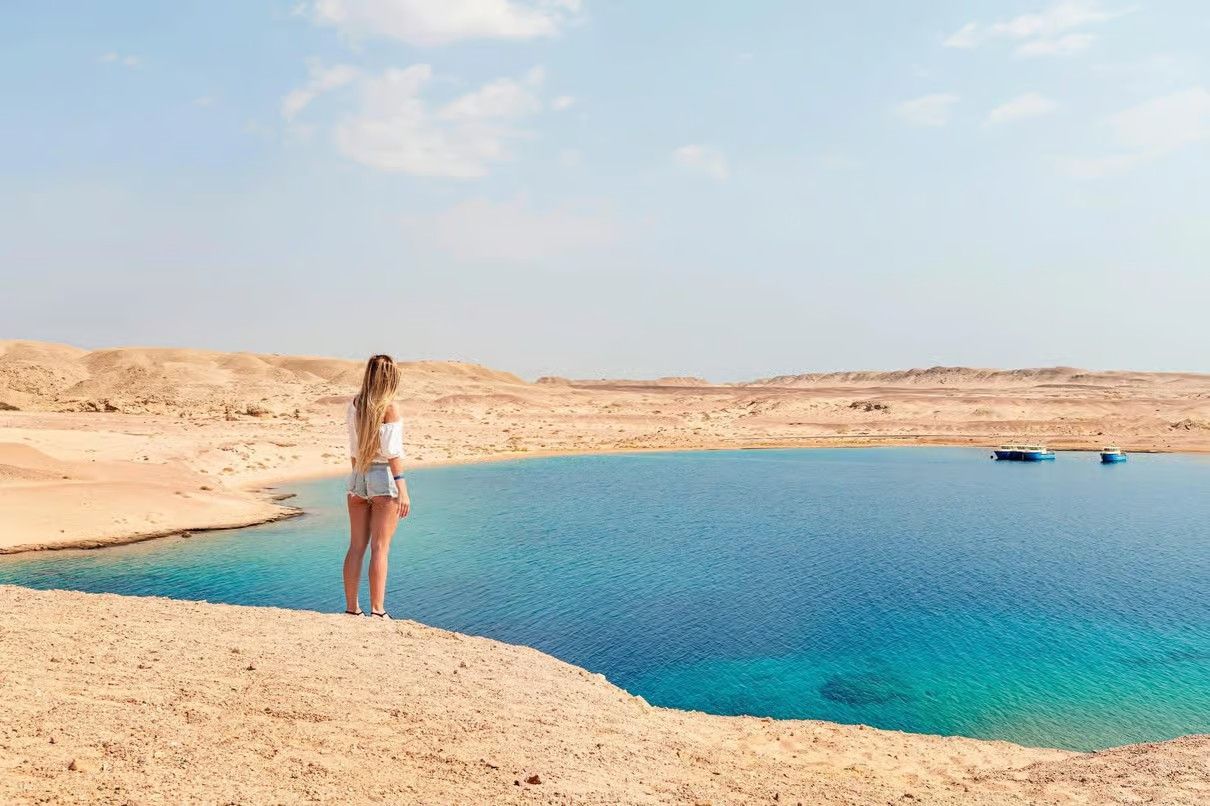 Ras Mohamed Egypt with Magic Lake, mangroves, desert landscapes and turquoise Red Sea waters .