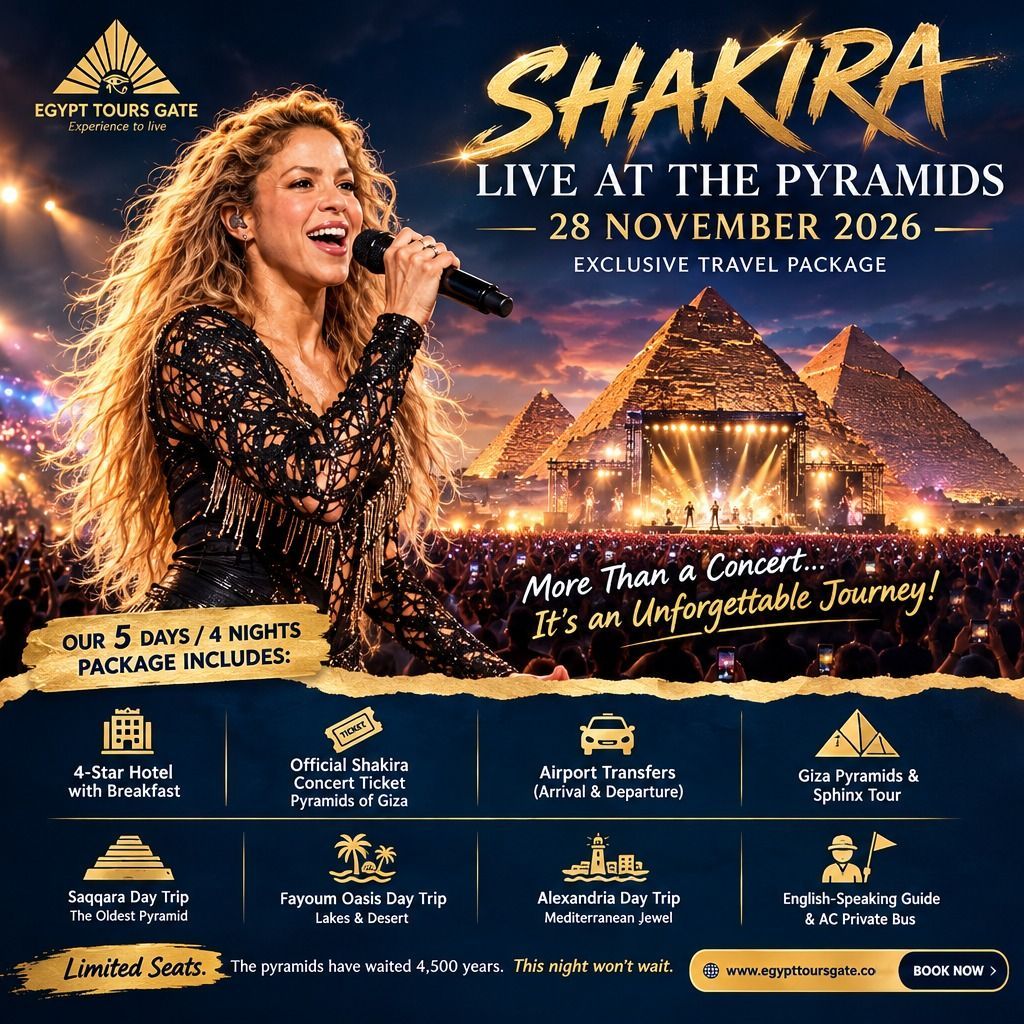 Shakira performing at the Giza Pyramids during a 2026 Egypt concert surrounded by ancient monuments